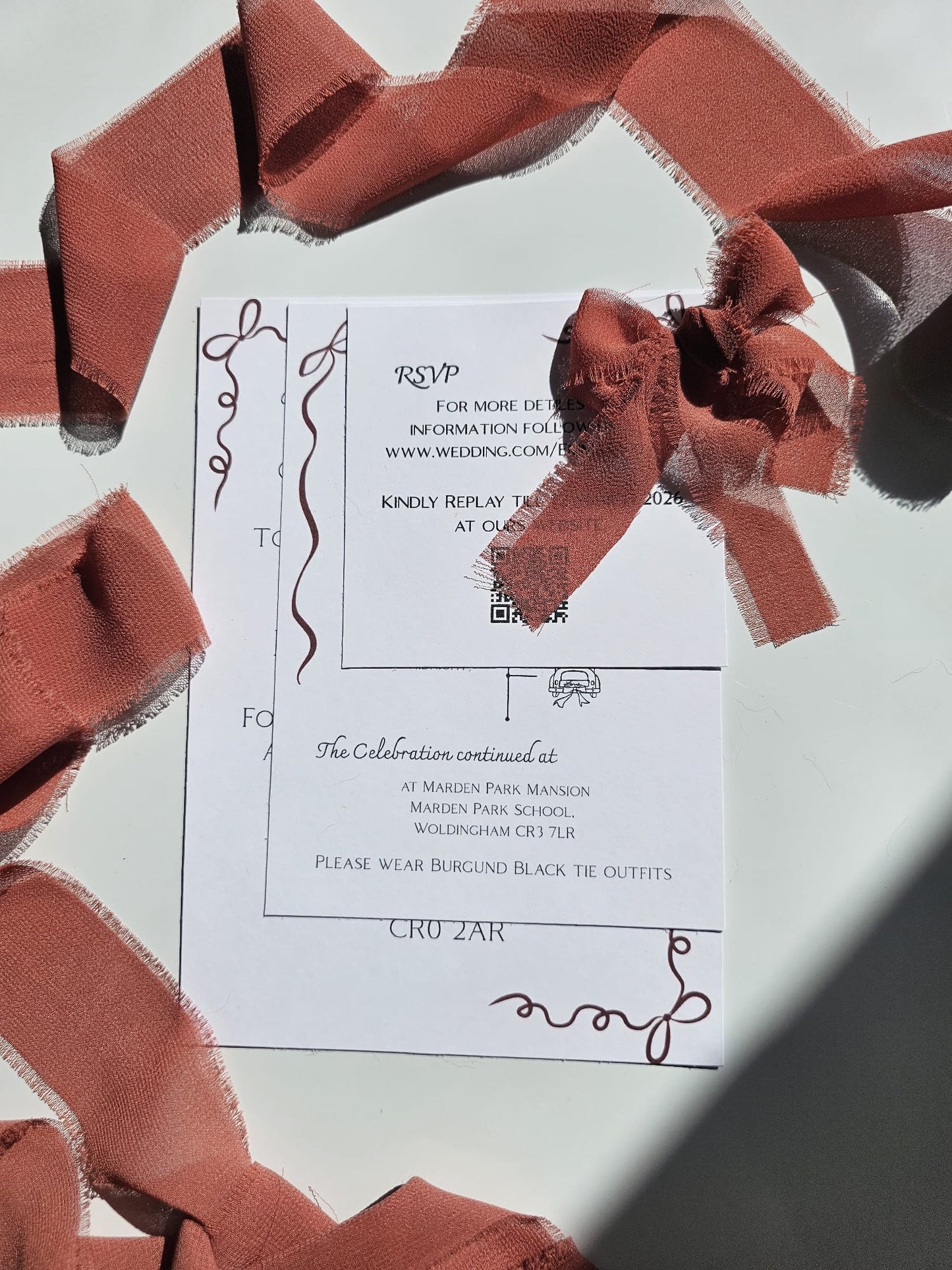 Modern Boho Wedding Invitation "The Line" with Terracotta Ribbon