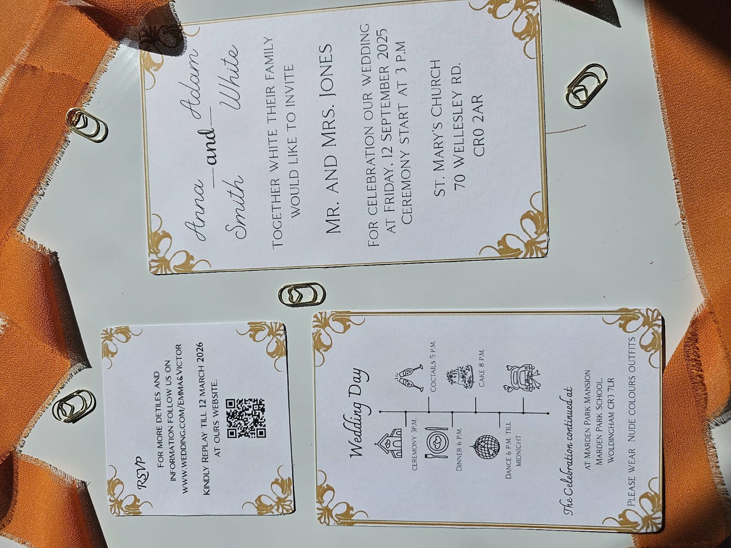 Luxury "Golden Hour" Wedding Invitation Set with RSVP & Timeline Cards