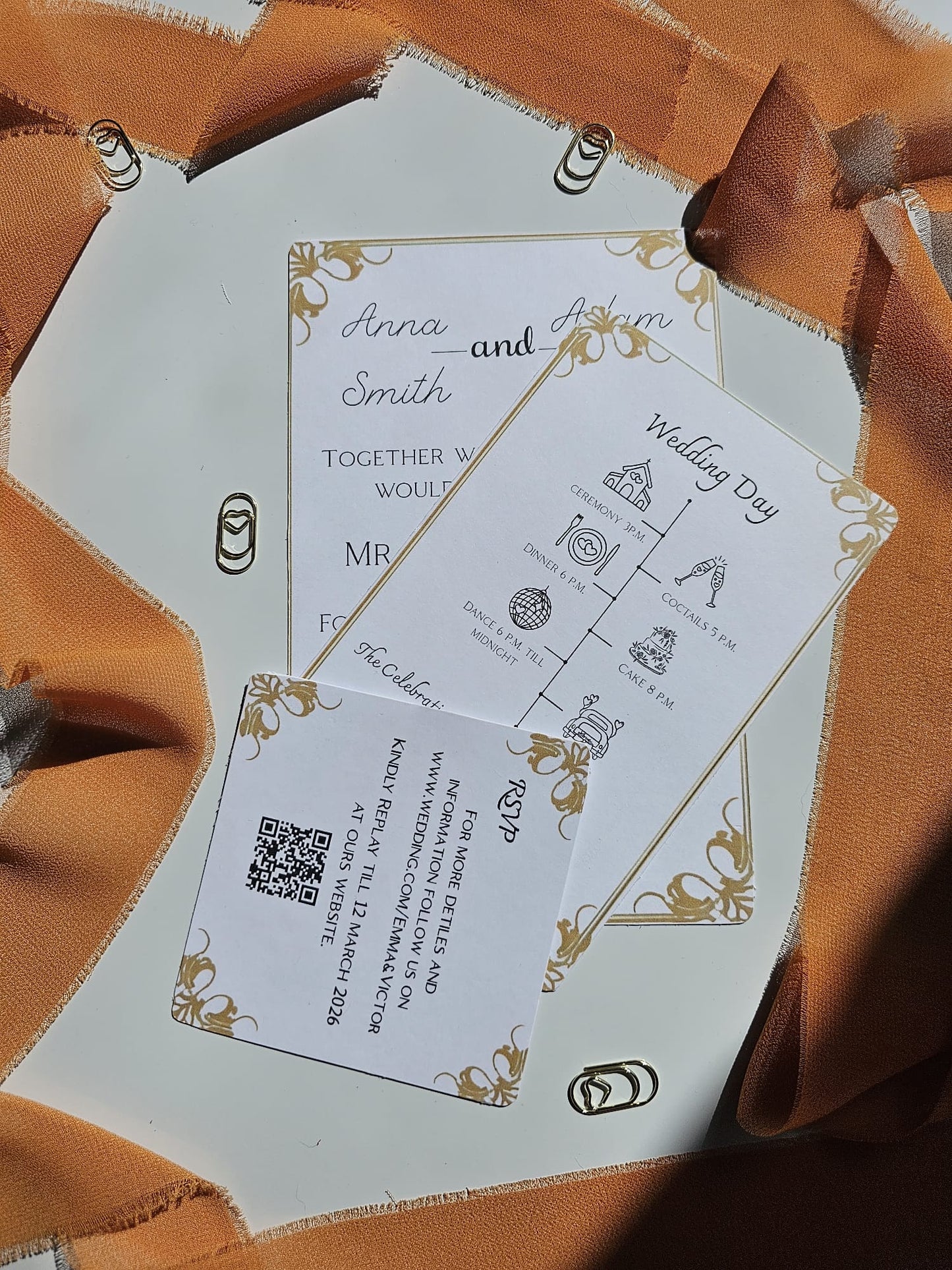 Luxury "Golden Hour" Wedding Invitation Set with RSVP & Timeline Cards