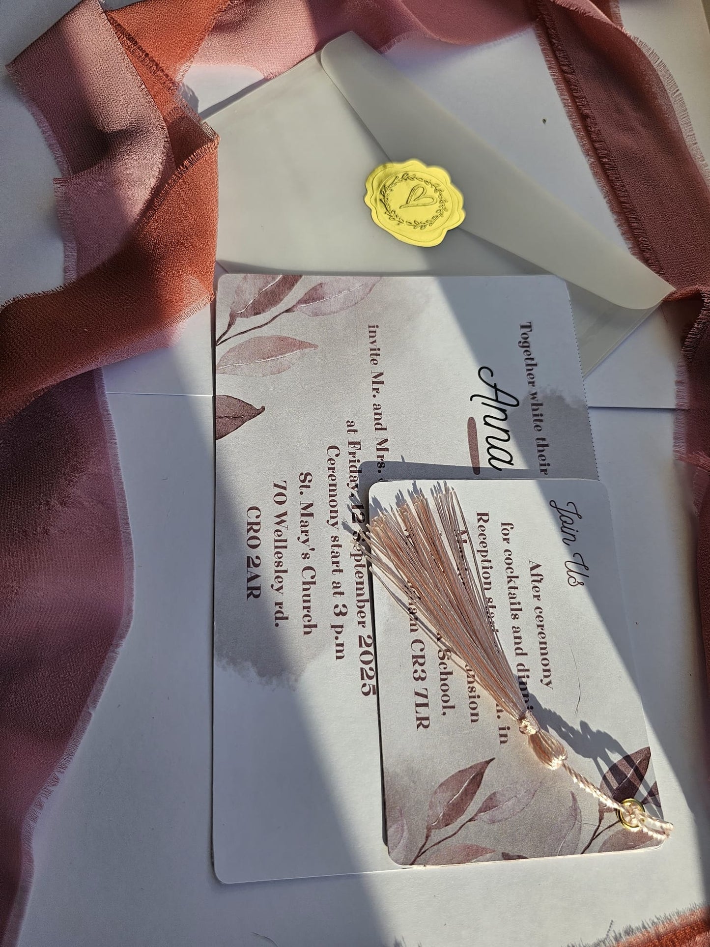 Romantic Dusty Rose Wedding Invitation with Vellum Wrap & Wax Seal