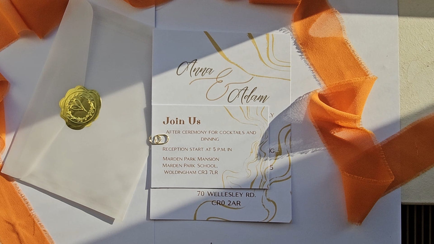 Minimalist Wedding Invitation with Abstract Gold Line Art & Wax Seal