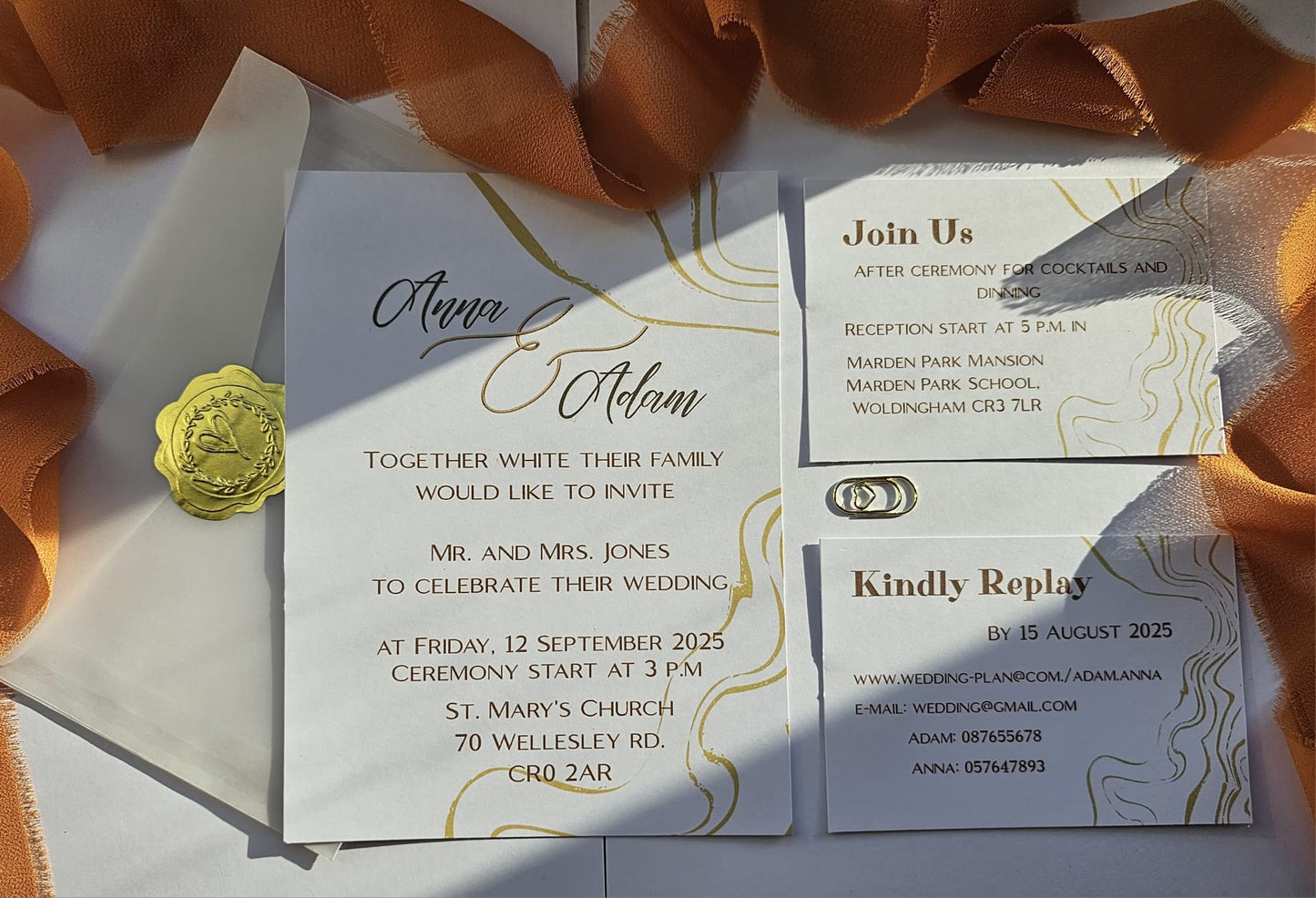 Minimalist Wedding Invitation with Abstract Gold Line Art & Wax Seal