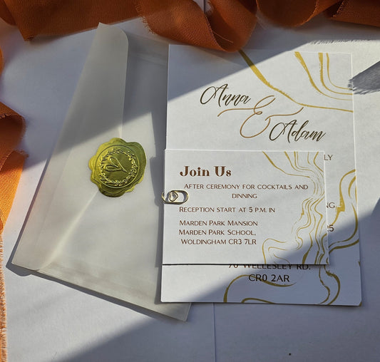 Minimalist Wedding Invitation with Abstract Gold Line Art & Wax Seal