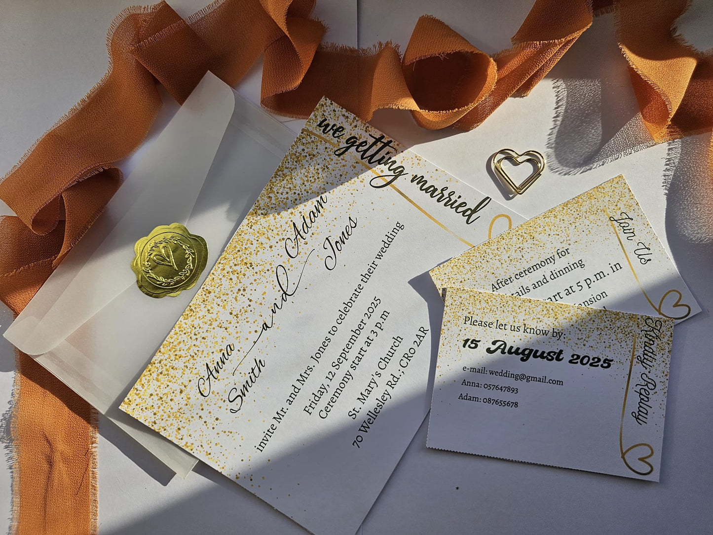 Glamour Wedding Invitation Suite with Gold Glitter Effect & Vellum Wrap