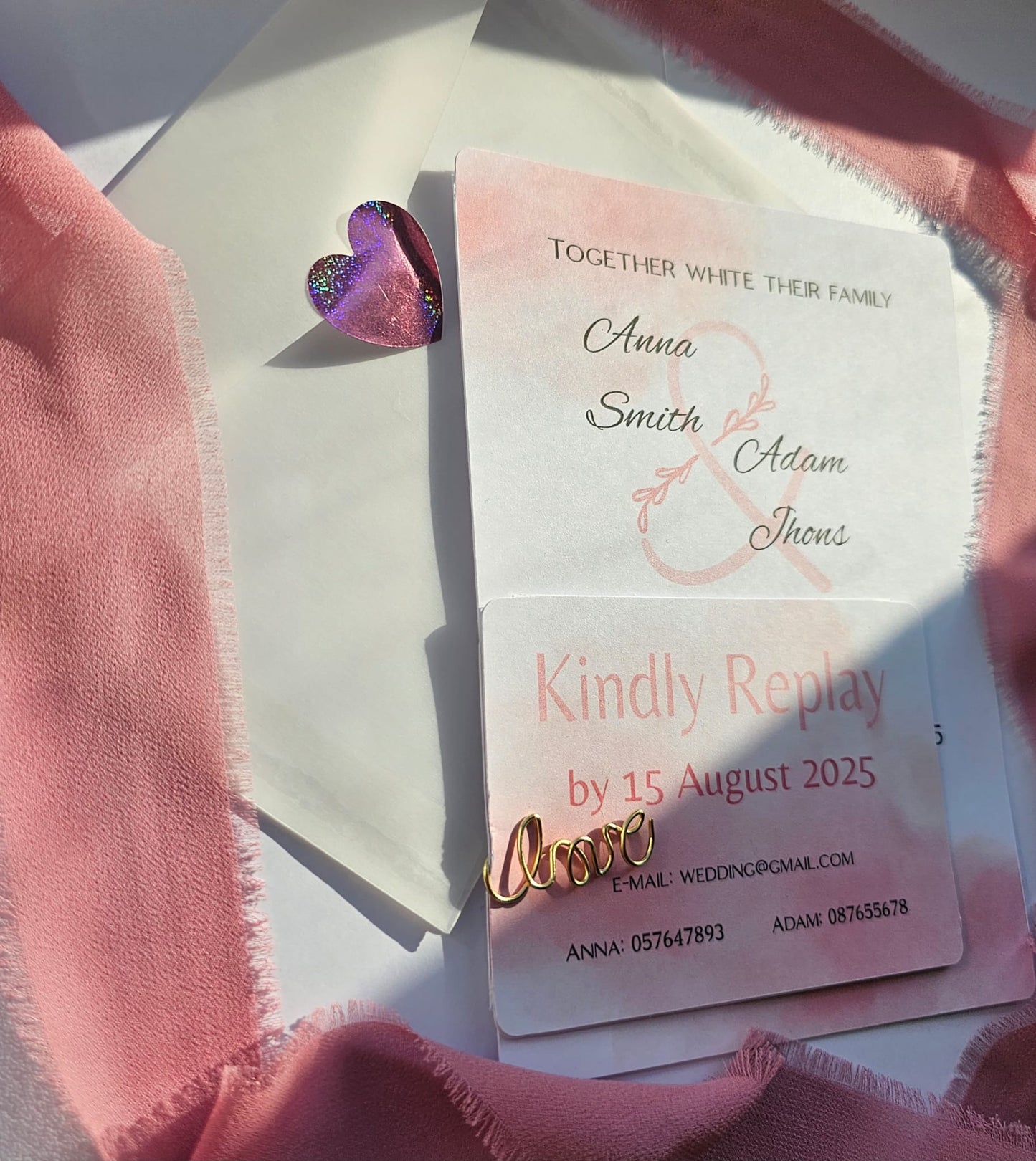 "Blush" Wedding Invitation Set with Decorative "Love" Paperclip