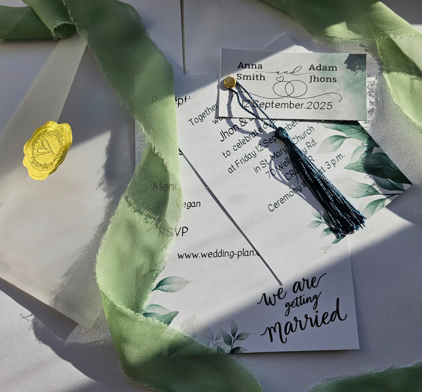 Modern Botanical Wedding Invitation Suite with Wax Seal and Tassel