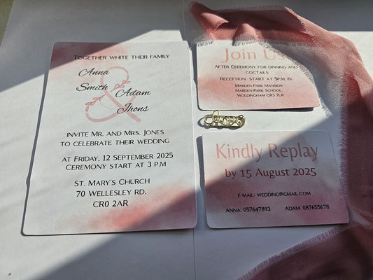 "Blush" Wedding Invitation Set with Decorative "Love" Paperclip