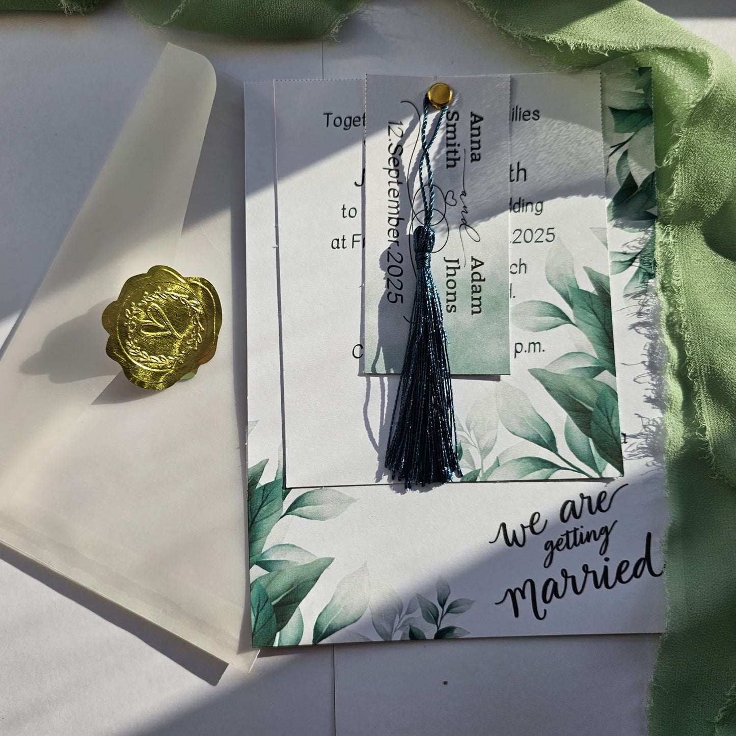 Modern Botanical Wedding Invitation Suite with Wax Seal and Tassel