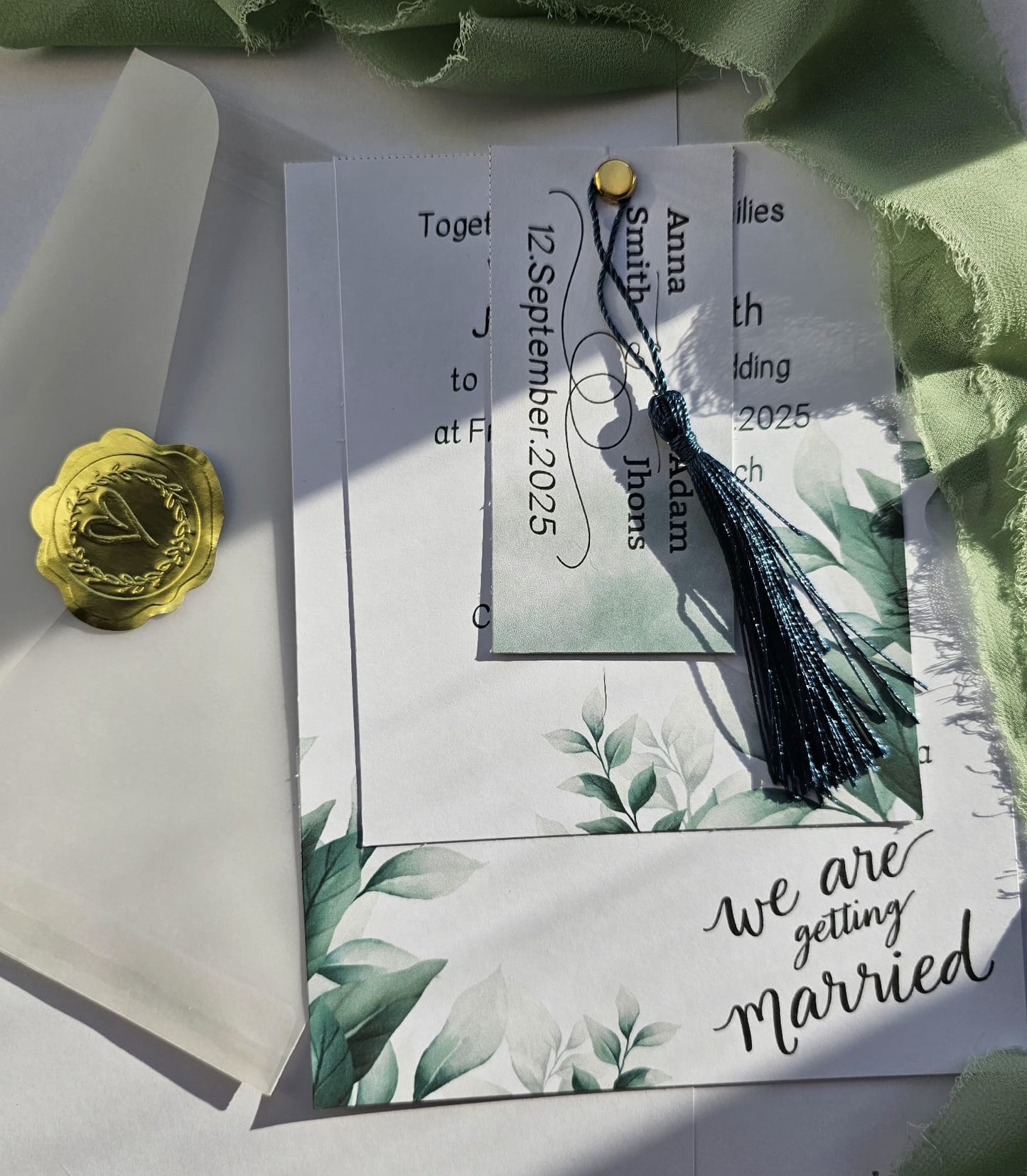 Modern Botanical Wedding Invitation Suite with Wax Seal and Tassel